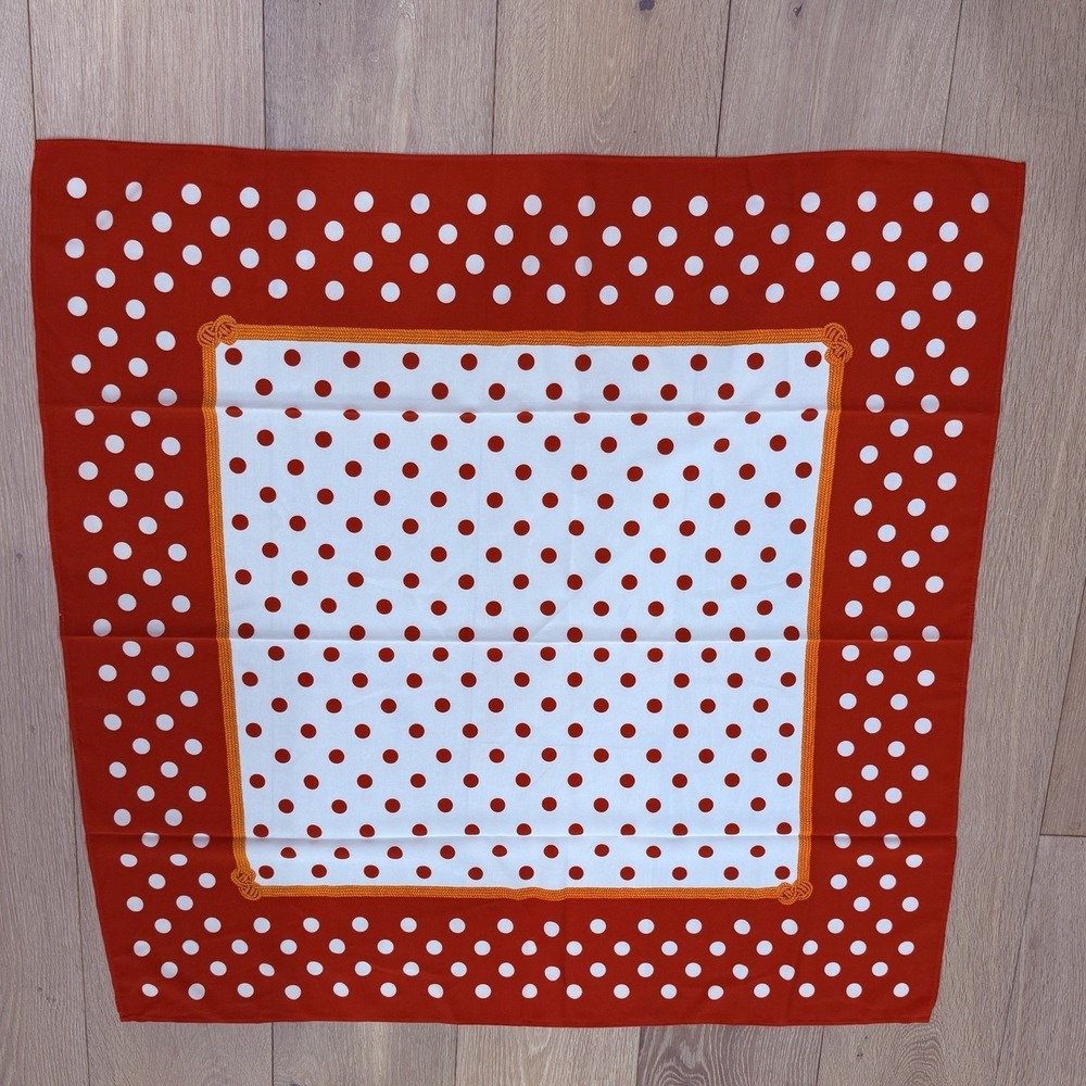 Vintage Square Silky Scarf-Red/White Polka Dots-Gold Interior Border-34x36 MOD